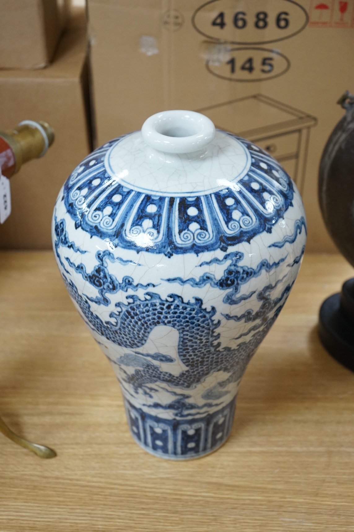 A large Chinese blue and white ‘dragon’ meiping, 42.5cm